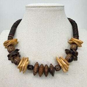 Chunky Natural Wood Bead Necklace Statement Boho Tribal Neutral
